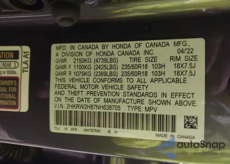 2022 Honda Cr-V Awd Ex-L from USA, damaged, VIN 2HKRW2H87NH638705